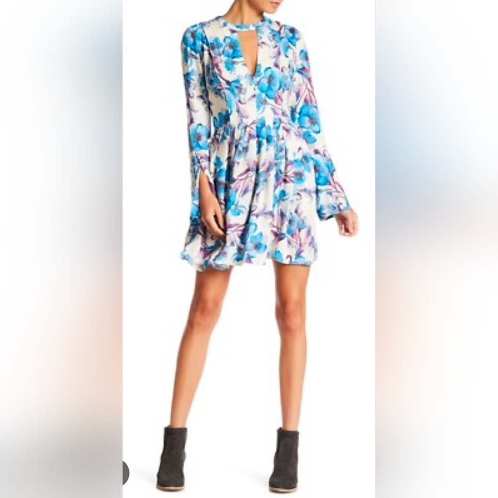 Free People Women’s Tegan Pleated Mini Dress Blue Purple Flowers 4
